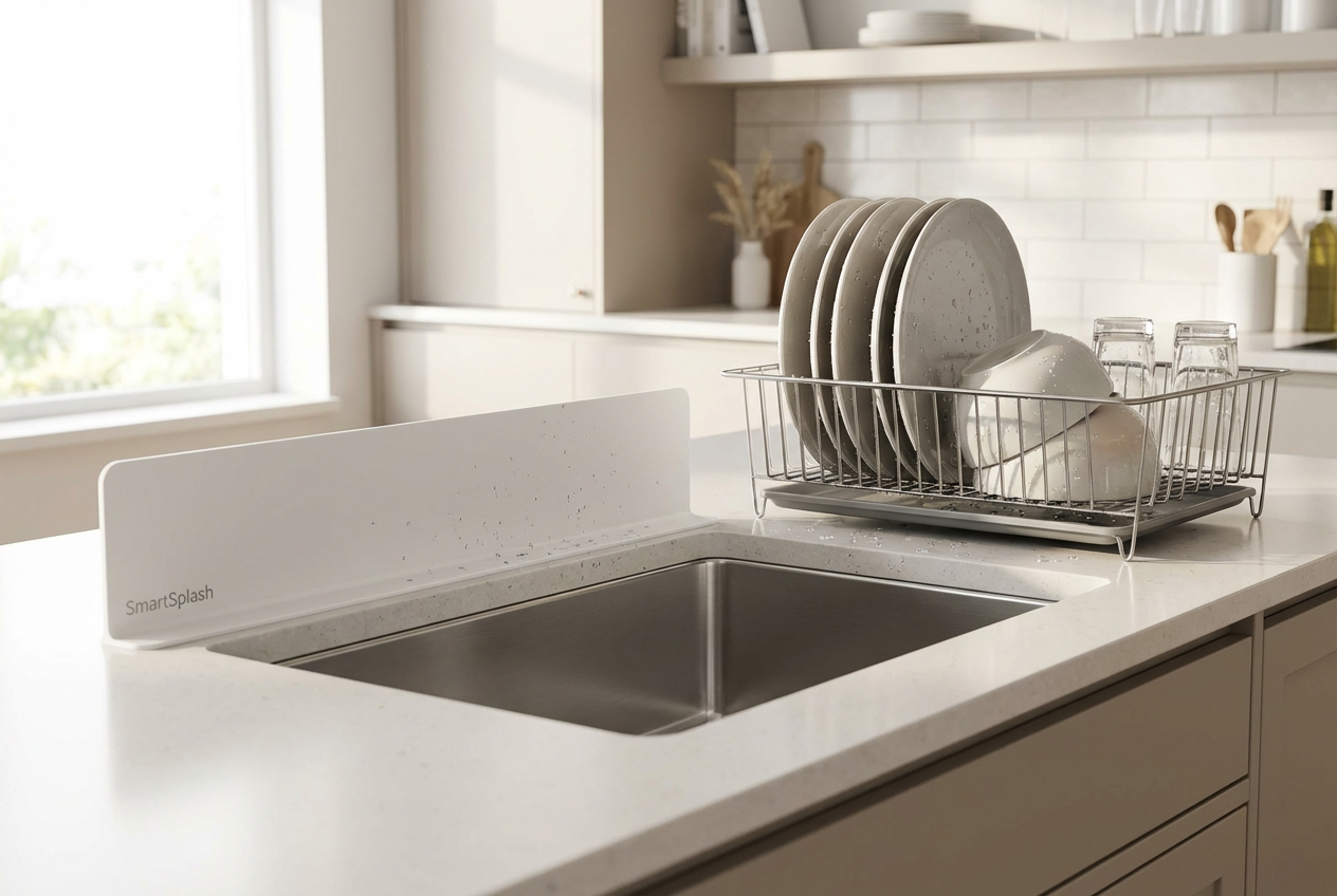 SmartSplash Silicone Sink Splash Guard installed behind dishes on a drying rack with a straight back edge along the sink