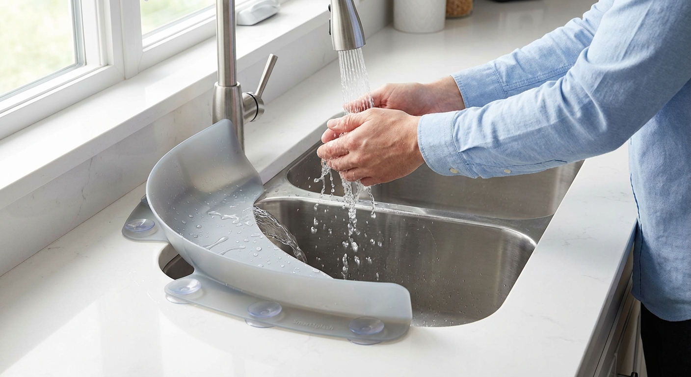 Modern kitchen with SmartSplash silicone guard installed on sink, water redirected inward, user washing dishes with shirt fully dry